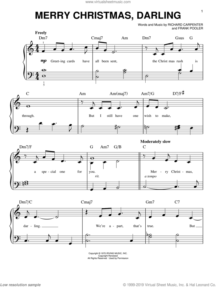Merry Christmas, Darling, (beginner) sheet music for piano solo by Richard Carpenter, Carpenters and Frank Pooler, beginner skill level