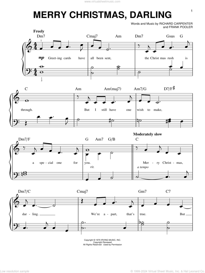 Merry Christmas, Darling, (beginner) sheet music for piano solo by Richard Carpenter, Carpenters and Frank Pooler, beginner skill level