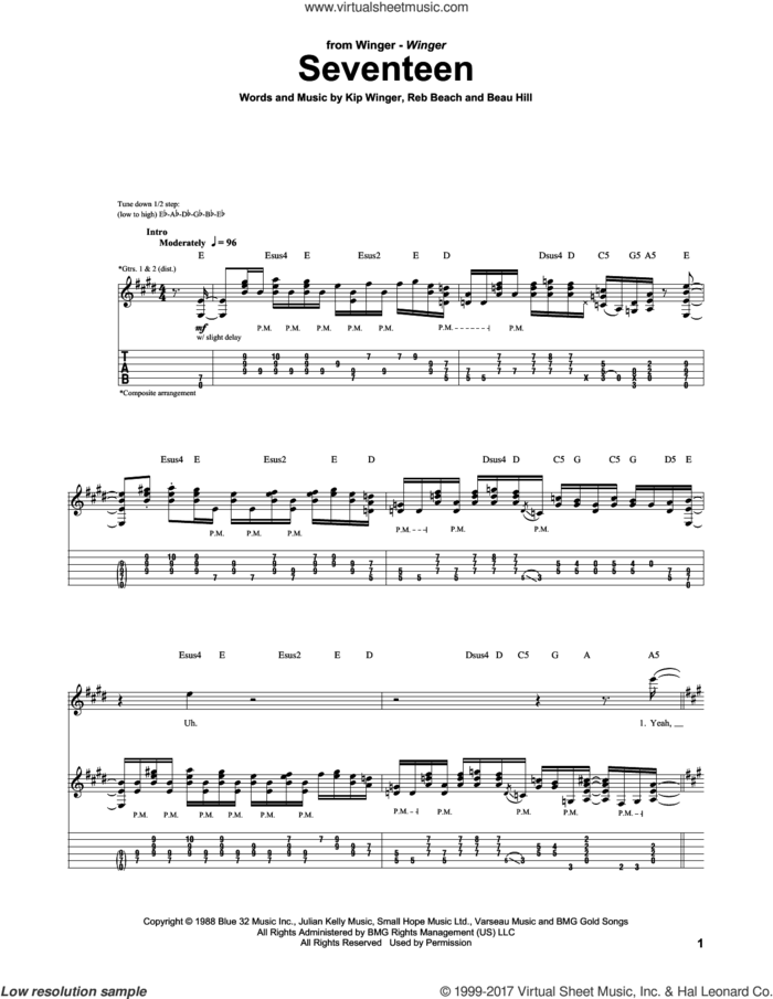 Seventeen sheet music for guitar (tablature) by Winger, Beau Hill, Kip Winger and Reb Beach, intermediate skill level