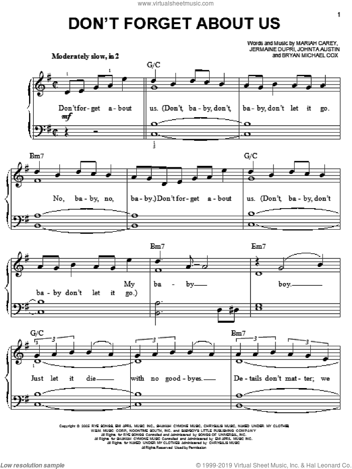 Don't Forget About Us sheet music for piano solo by Mariah Carey, Bryan Michael Cox, Jermaine Dupri and Johnta Austin, easy skill level