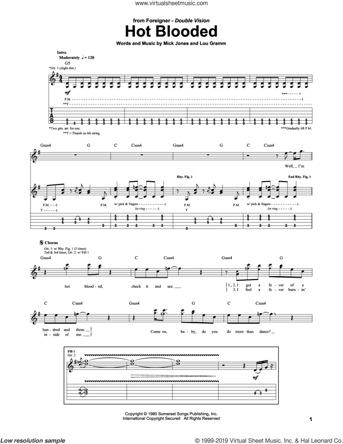 Hot Blooded sheet music for guitar (tablature) by Foreigner, Lou Gramm and Mick Jones, intermediate skill level