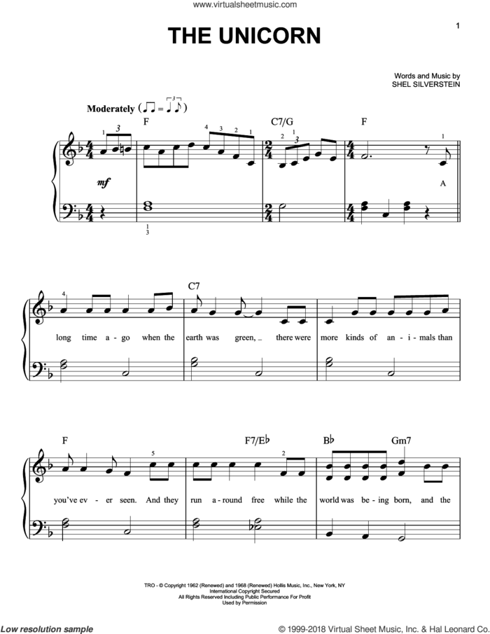 The Unicorn sheet music for piano solo by Irish Rovers and Shel Silverstein, beginner skill level