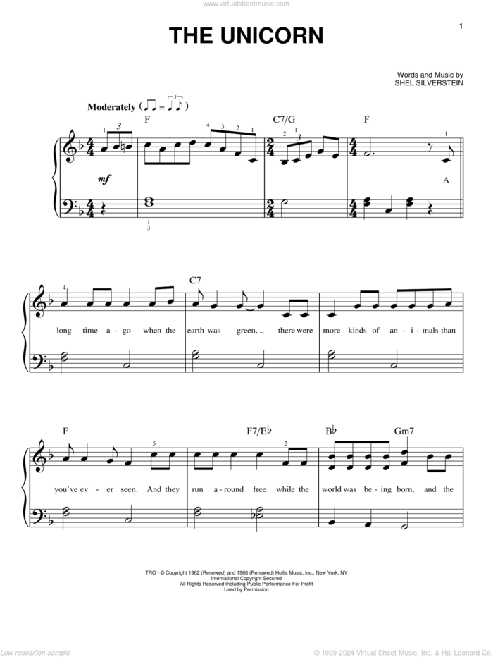 The Unicorn sheet music for piano solo by Irish Rovers and Shel Silverstein, beginner skill level