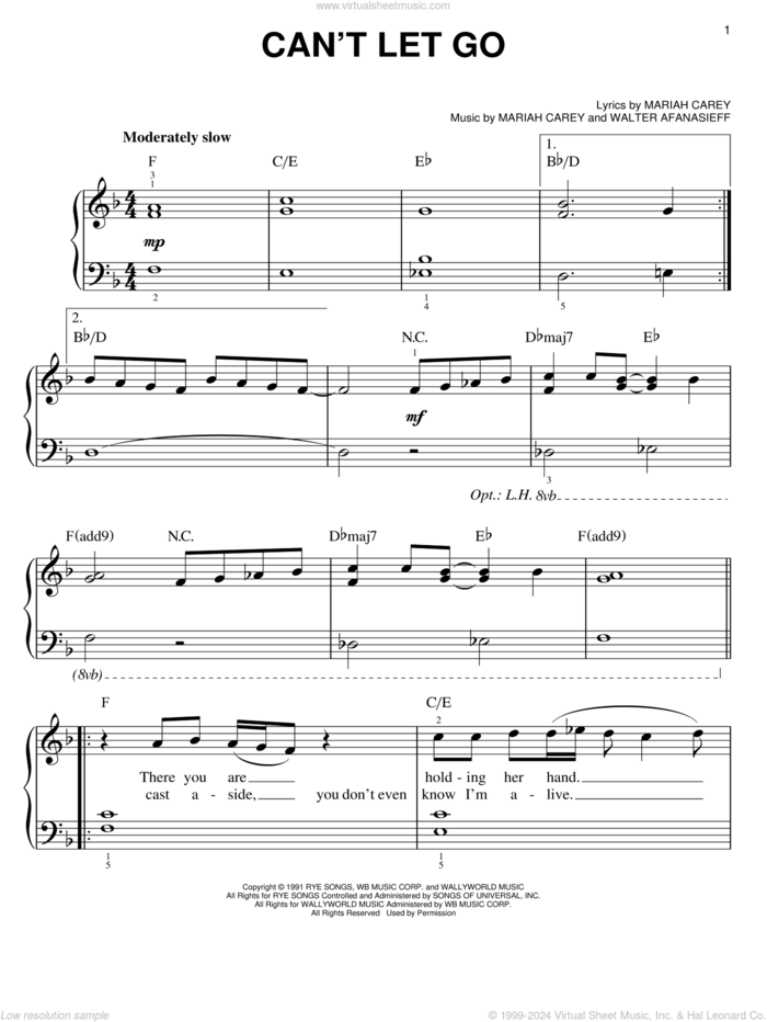 Can't Let Go sheet music for piano solo by Mariah Carey and Walter Afanasieff, easy skill level