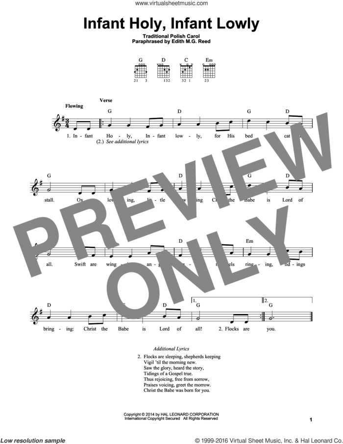 Infant Holy, Infant Lowly sheet music for guitar solo (chords) by Edith M.G. Reed and Miscellaneous, easy guitar (chords)