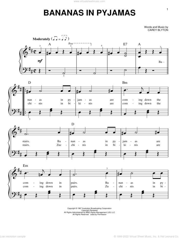 Bananas In Pyjamas sheet music for piano solo by Carey Blyton, beginner skill level