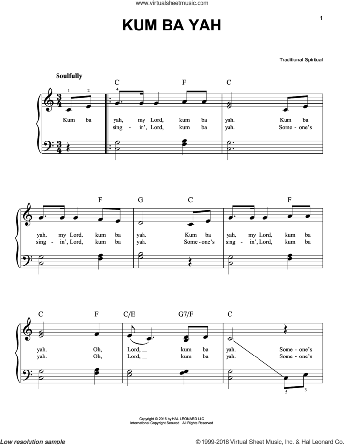 Kum Ba Yah, (beginner) sheet music for piano solo, beginner skill level