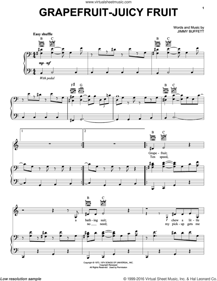 Grapefruit-Juicy Fruit sheet music for voice, piano or guitar by Jimmy Buffett, intermediate skill level