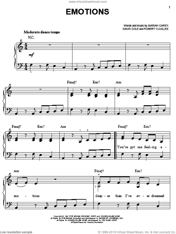Emotions sheet music for piano solo by Mariah Carey, David Cole and Robert Clivilles, easy skill level