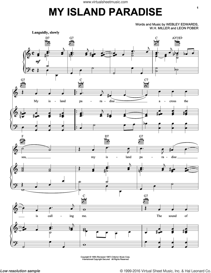 My Island Paradise sheet music for voice, piano or guitar by Leon Pober, W.H. Miller and Webley Edwards, intermediate skill level