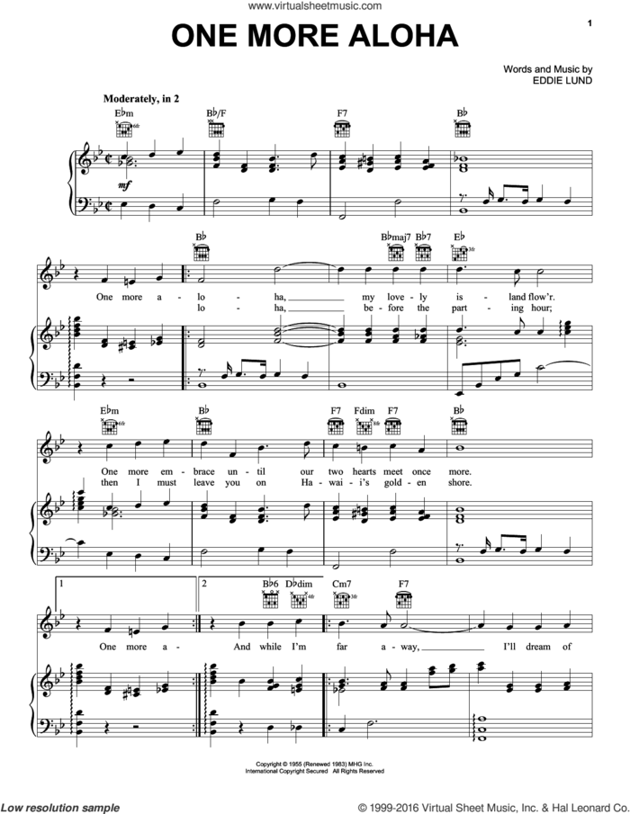One More Aloha sheet music for voice, piano or guitar by Eddie Lund, intermediate skill level