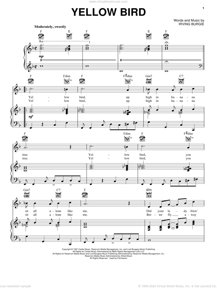 Yellow Bird sheet music for voice, piano or guitar by Irving Burgie, intermediate skill level
