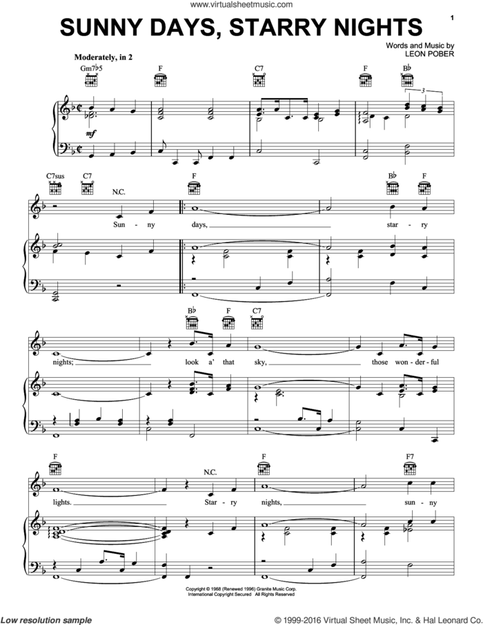 Sunny Days, Starry Nights sheet music for voice, piano or guitar by Leon Pober, intermediate skill level