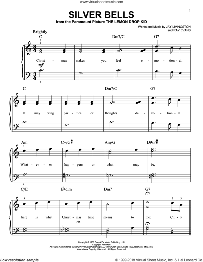 Silver Bells sheet music for piano solo by Jay Livingston and Ray Evans, beginner skill level