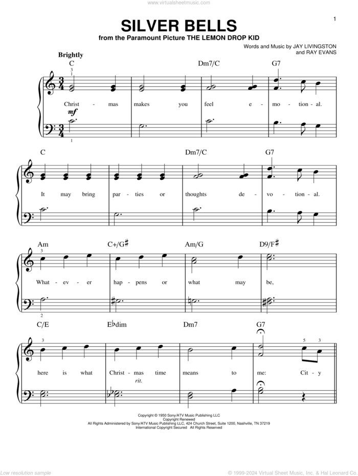 Silver Bells, (beginner) sheet music for piano solo by Jay Livingston and Ray Evans, beginner skill level