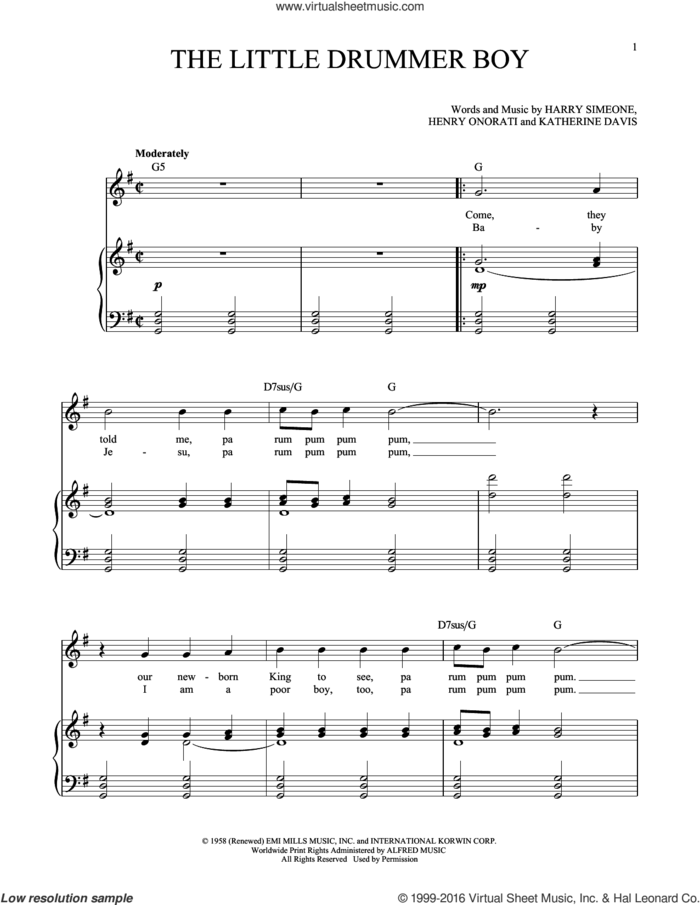The Little Drummer Boy (arr. Richard Walters) sheet music for voice and piano (High Voice) by Katherine Davis, Richard Walters, Harry Simeone and Henry Onorati, intermediate skill level
