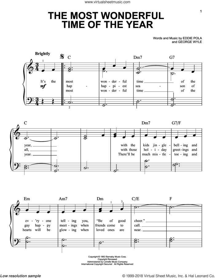 The Most Wonderful Time Of The Year, (beginner) sheet music for piano solo by George Wyle and Eddie Pola, beginner skill level