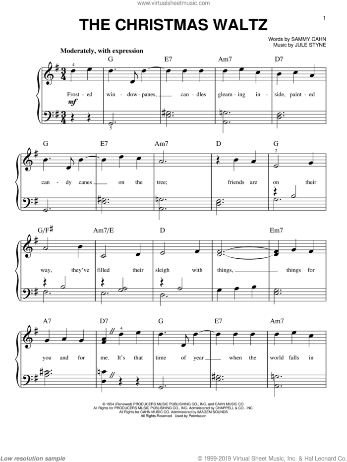 The Christmas Waltz sheet music for piano solo by Sammy Cahn and Jule Styne, beginner skill level