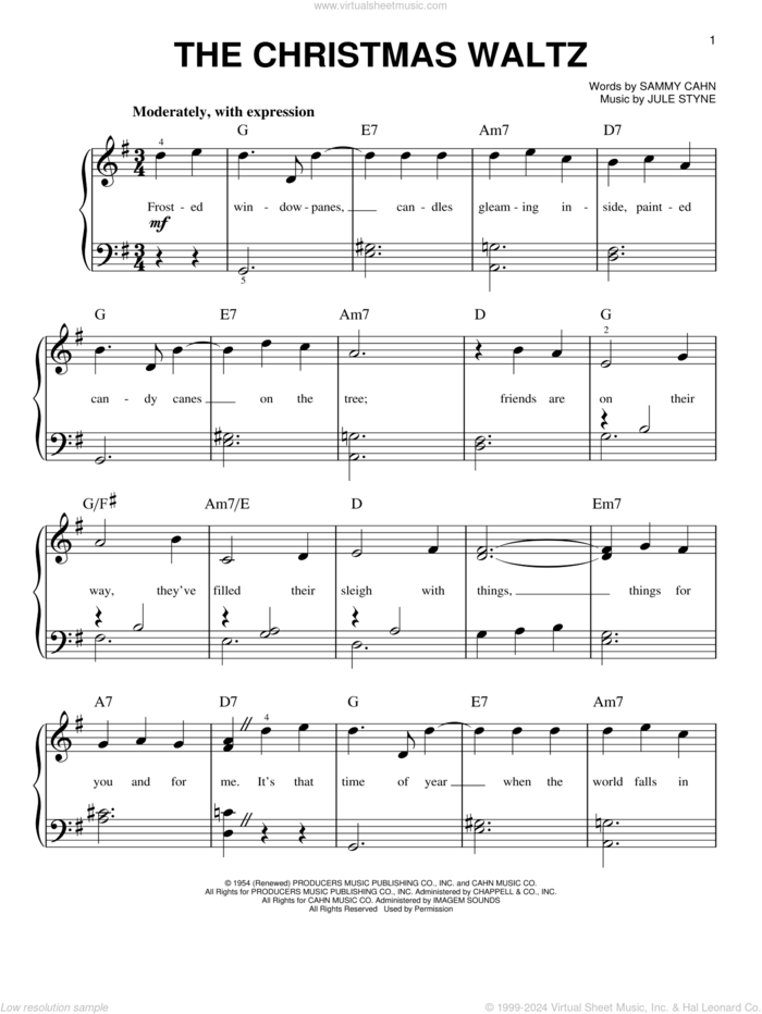 The Christmas Waltz sheet music for piano solo by Sammy Cahn and Jule Styne, beginner skill level