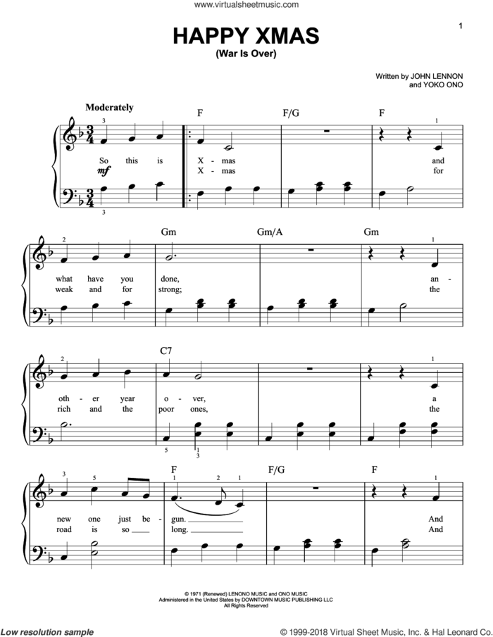 Happy Xmas (War Is Over), (beginner) sheet music for piano solo by John Lennon and Yoko Ono, beginner skill level