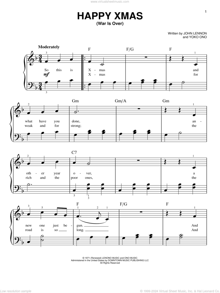 Happy Xmas (War Is Over), (beginner) sheet music for piano solo by John Lennon and Yoko Ono, beginner skill level