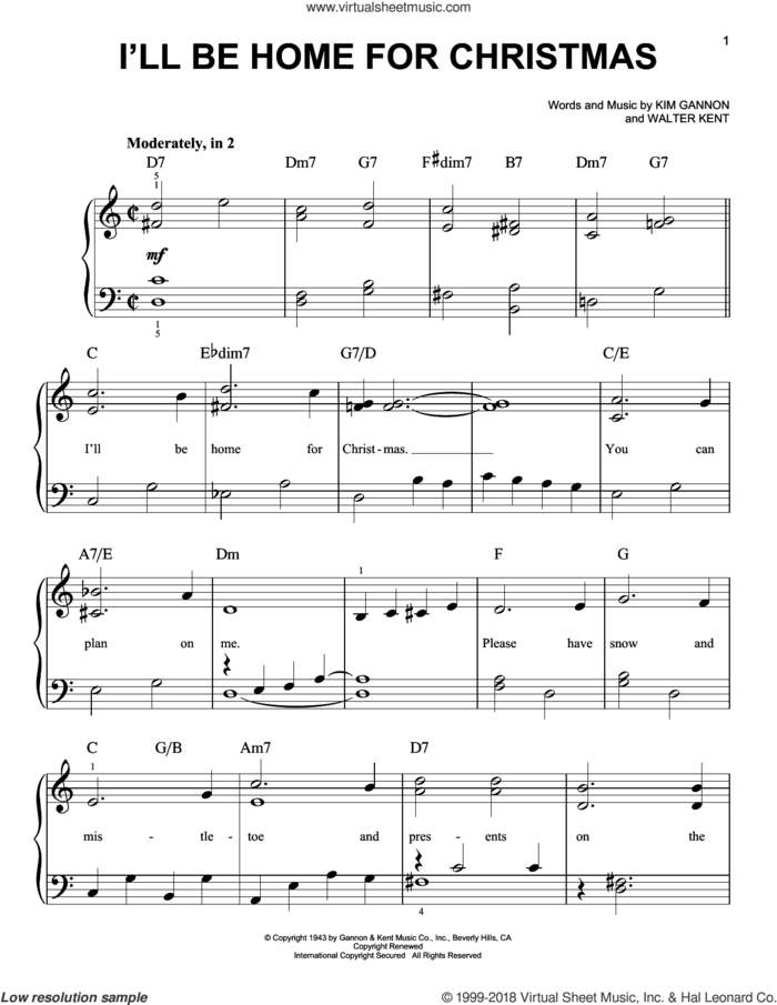 I'll Be Home For Christmas sheet music for piano solo by Kim Gannon, Bing Crosby and Walter Kent, beginner skill level