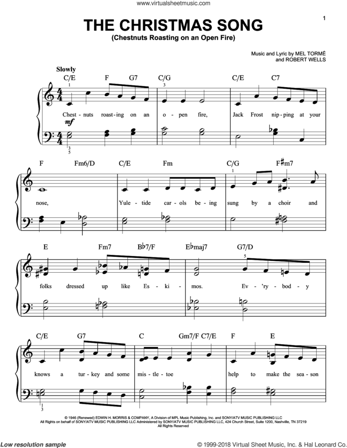 The Christmas Song (Chestnuts Roasting On An Open Fire) sheet music for piano solo by Mel Torme, Clay Crosse and Michael Buble, beginner skill level