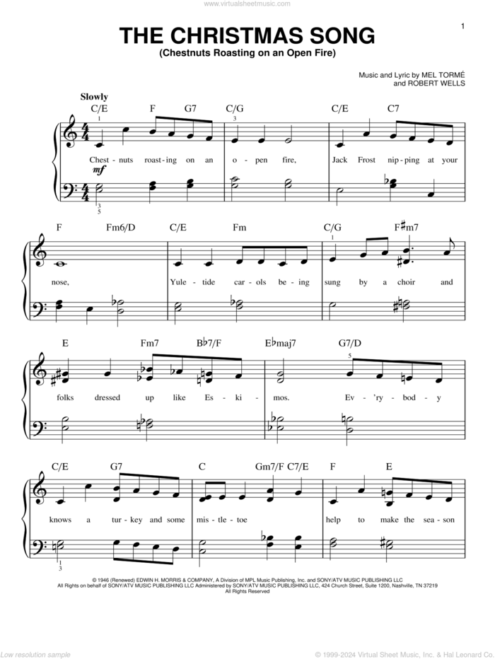 The Christmas Song (Chestnuts Roasting On An Open Fire), (beginner) sheet music for piano solo by Mel Torme, Clay Crosse, Michael Buble and Mel Torme, beginner skill level