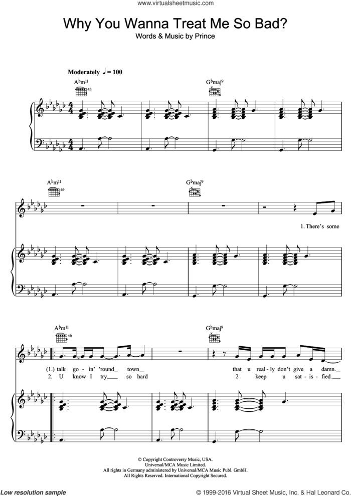 Why You Wanna Treat Me So Bad? sheet music for voice, piano or guitar by Prince, intermediate skill level
