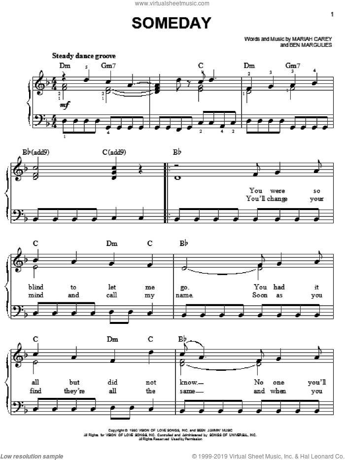 Someday sheet music for piano solo by Mariah Carey and Ben Margulies, easy skill level