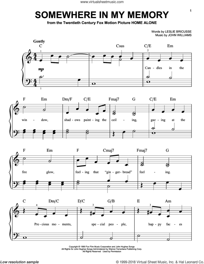 Somewhere In My Memory, (beginner) sheet music for piano solo by John Williams and Leslie Bricusse, beginner skill level