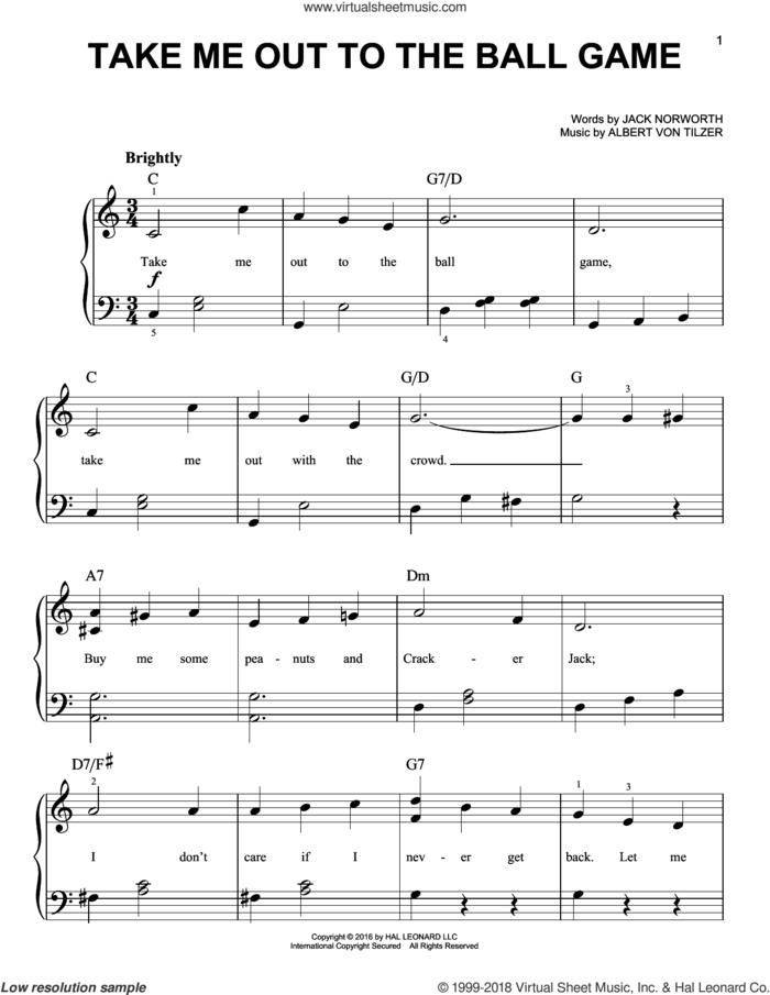 Take Me Out To The Ball Game sheet music for piano solo by Albert von Tilzer and Jack Norworth, beginner skill level