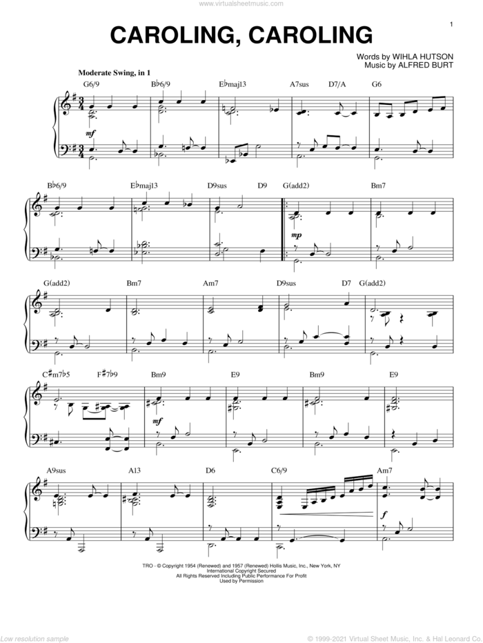 Caroling, Caroling, (intermediate) sheet music for piano solo by Alfred Burt and Wihla Hutson, intermediate skill level