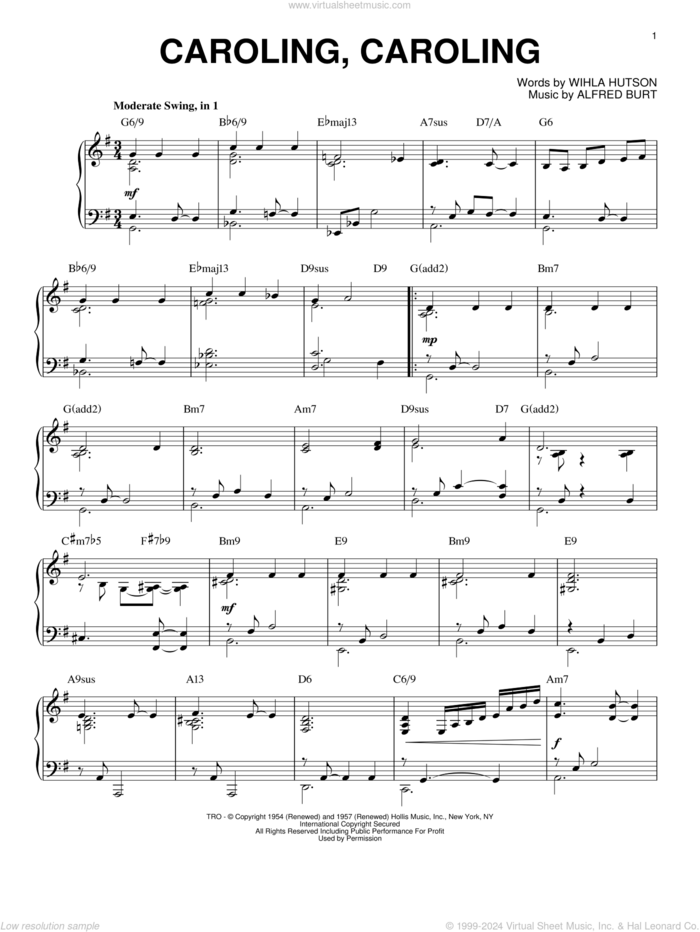 Caroling, Caroling, (intermediate) sheet music for piano solo by Alfred Burt and Wihla Hutson, intermediate skill level