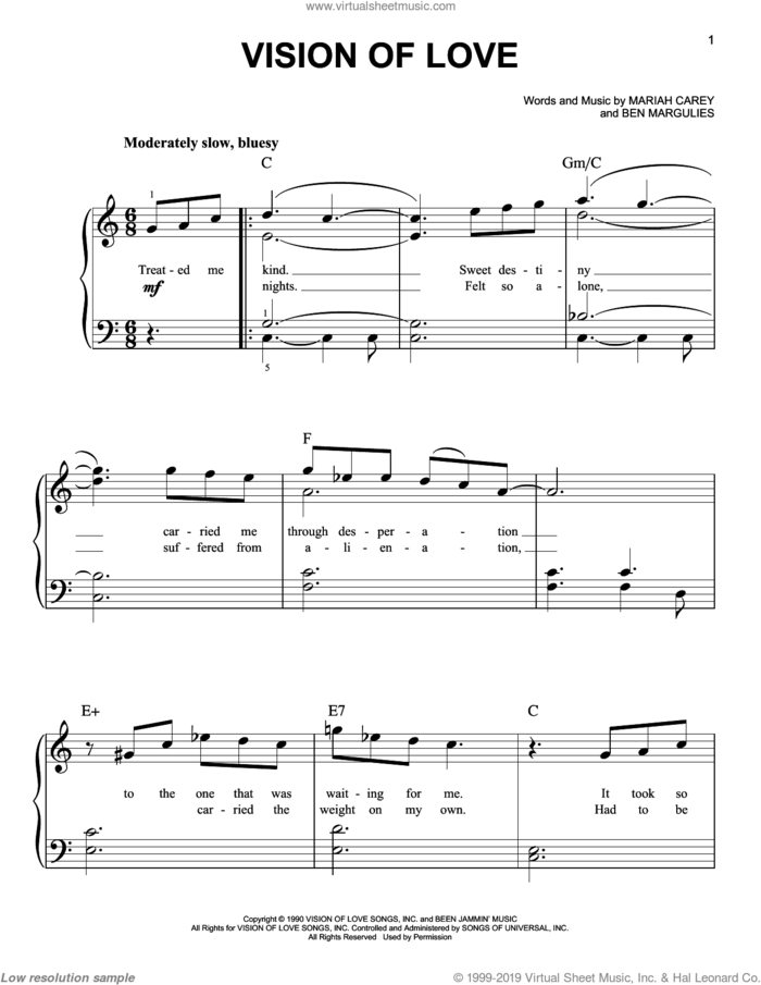 Vision Of Love sheet music for piano solo by Mariah Carey and Ben Margulies, easy skill level