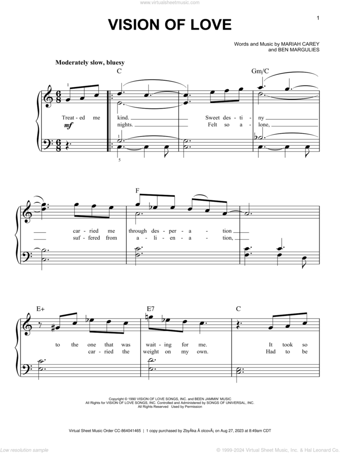 Vision Of Love sheet music for piano solo by Mariah Carey and Ben Margulies, easy skill level