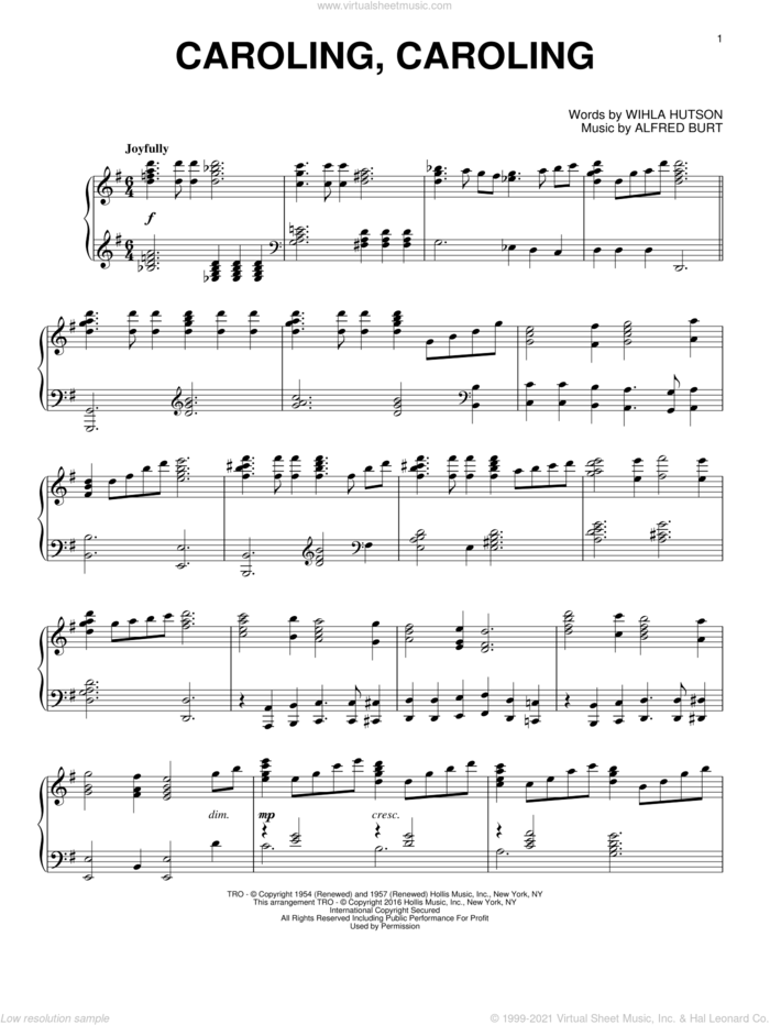 Caroling, Caroling sheet music for piano solo by Alfred Burt and Wihla Hutson, intermediate skill level