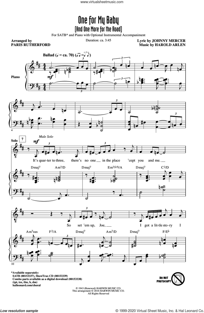 One For My Baby (And One More For The Road) sheet music for choir (SATB: soprano, alto, tenor, bass) by Johnny Mercer, Paris Rutherford, Frank Sinatra and Harold Arlen, intermediate skill level