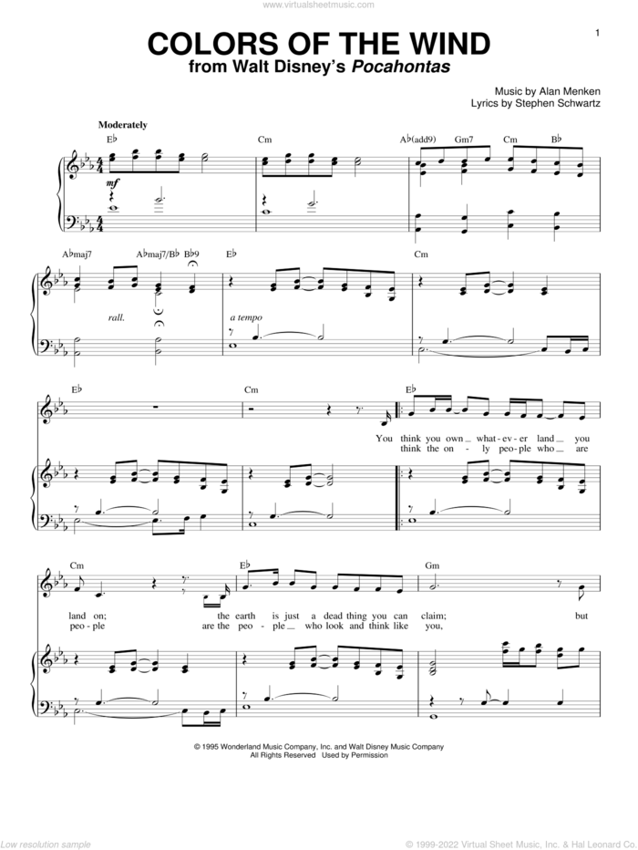 Colors Of The Wind sheet music for voice and piano by Vanessa Williams, Alan Menken and Stephen Schwartz, intermediate skill level