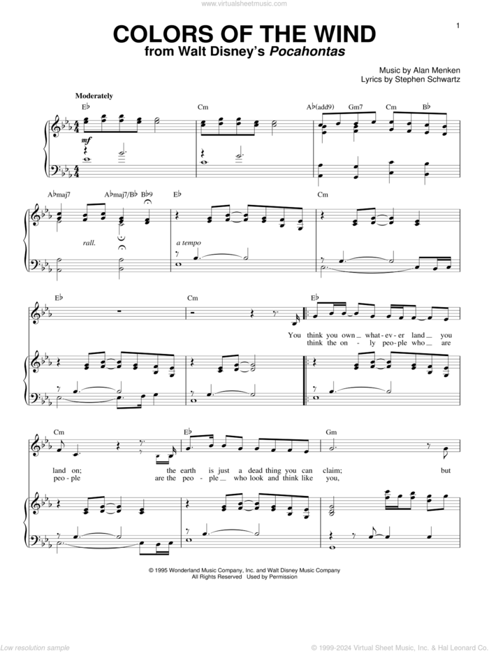 Colors Of The Wind (from Pocahontas) sheet music for voice and piano by Vanessa Williams, Alan Menken and Stephen Schwartz, intermediate skill level