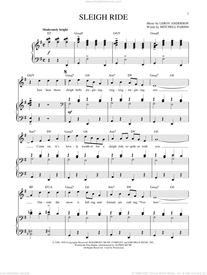 Sleigh Ride sheet music for voice and piano (High Voice) by Leroy Anderson, Richard Walters and Mitchell Parish, intermediate skill level
