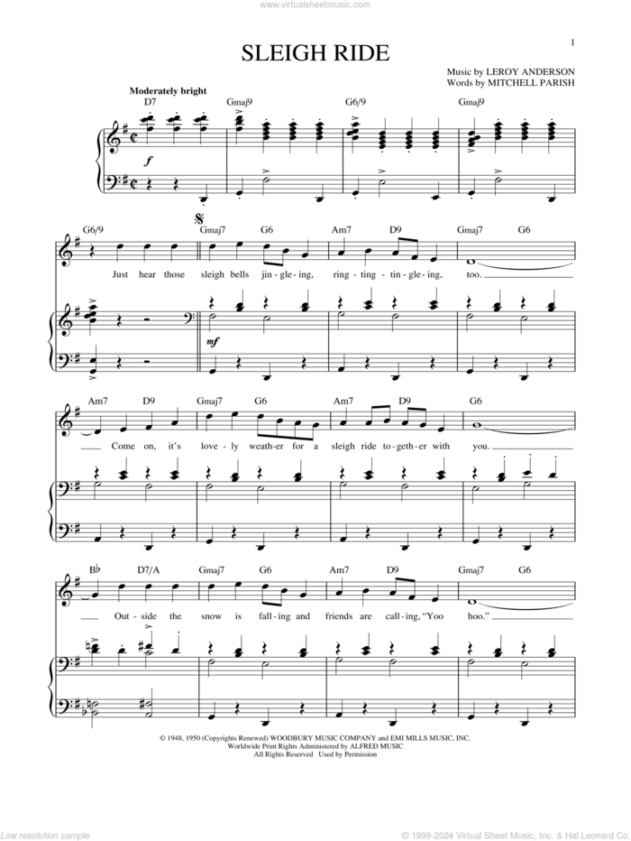 Sleigh Ride sheet music for voice and piano (High Voice) by Leroy Anderson, Richard Walters and Mitchell Parish, intermediate skill level