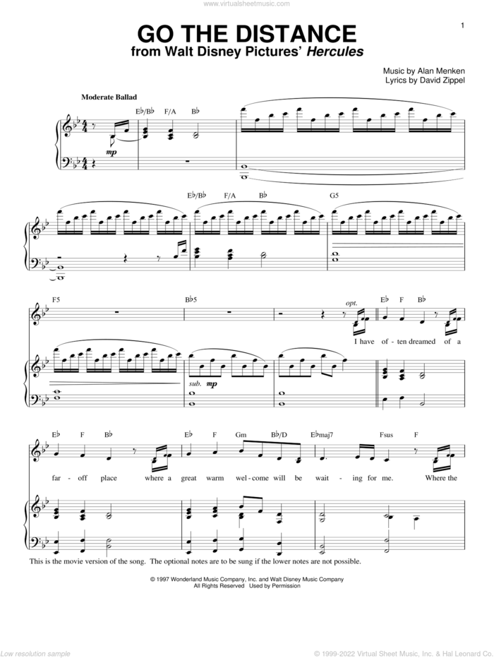 Go The Distance (from Hercules) sheet music for voice and piano by Alan Menken, Michael Bolton and David Zippel, intermediate skill level