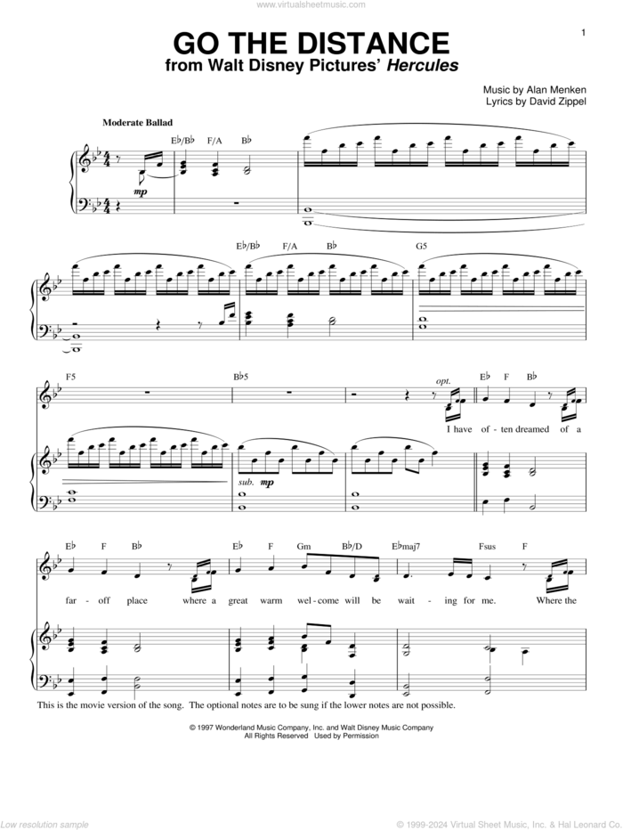 Go The Distance (from Hercules) sheet music for voice and piano by Alan Menken, Michael Bolton, Alan Menken & David Zippel and David Zippel, intermediate skill level