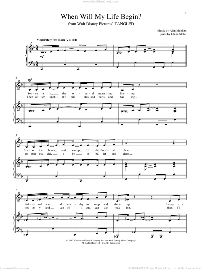 When Will My Life Begin? (from Tangled) sheet music for voice and piano by Mandy Moore, Alan Menken and Glenn Slater, intermediate skill level