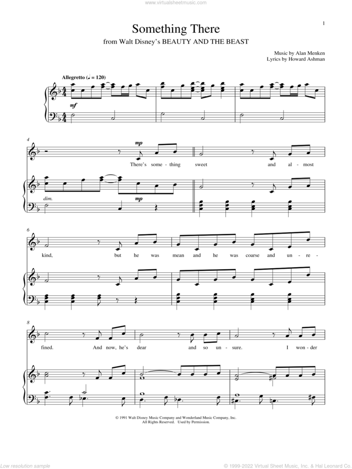 Something There (from Beauty And The Beast) sheet music for voice and piano by Alan Menken & Howard Ashman, Alan Menken and Howard Ashman, intermediate skill level