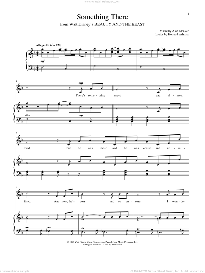 Something There (from Beauty And The Beast) sheet music for voice and piano by Alan Menken & Howard Ashman, Alan Menken and Howard Ashman, intermediate skill level