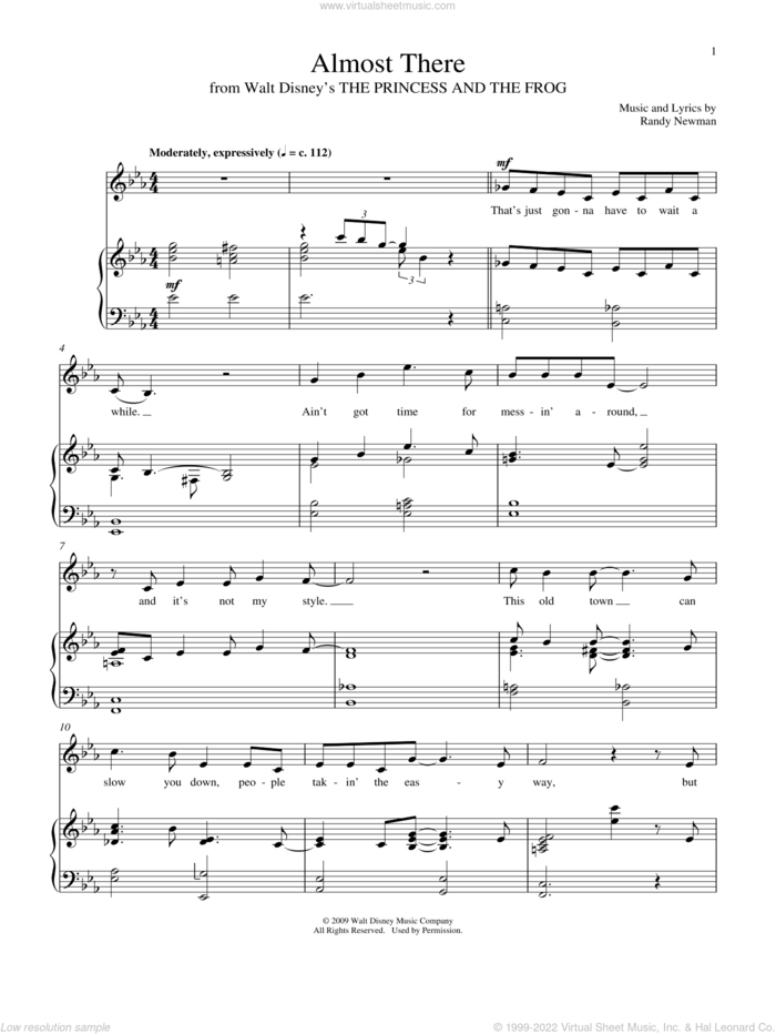 Almost There (from The Princess and the Frog) sheet music for voice and piano by Randy Newman, intermediate skill level