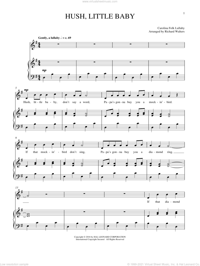 Hush, Little Baby sheet music for voice and piano by Carolina Folk Lullaby, intermediate skill level