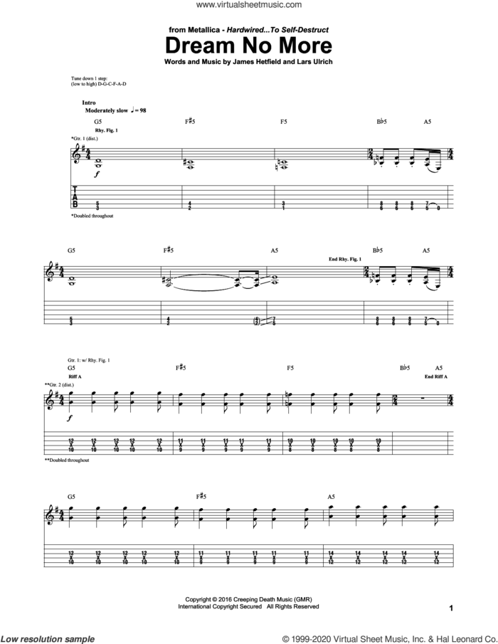 Dream No More sheet music for guitar (tablature) by Metallica, James Hetfield and Lars Ulrich, intermediate skill level